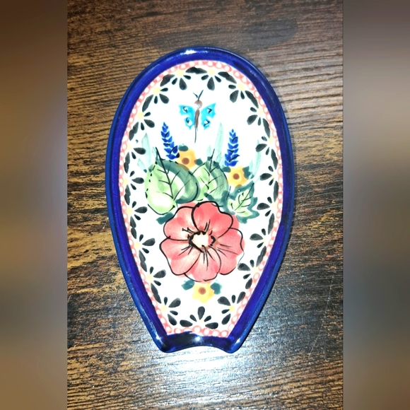 Polish Pottery Kitchen Spoon Rest Red Flower Blue Butterfly Hand Painted Signed - Picture 1 of 6